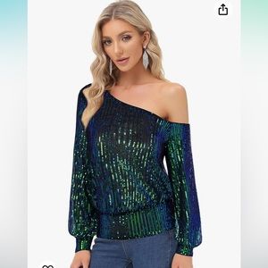 NWT Kancy Cole green shimmer sequin, one shoulder, long sleeve top size L.